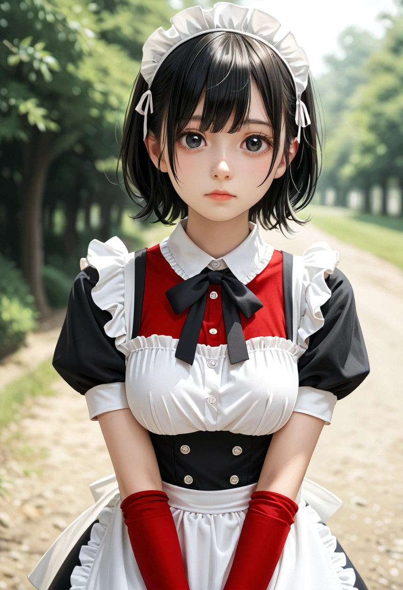 score_9,score_8_up,score_7_up, score_6 _up,BREAK, rating_safe,source_real, source_pony,one girl,medium shot,small face,small eyes,tareme,black eyes,black hairs,maid uniform,looking at viewer,medium breasts,outdoors