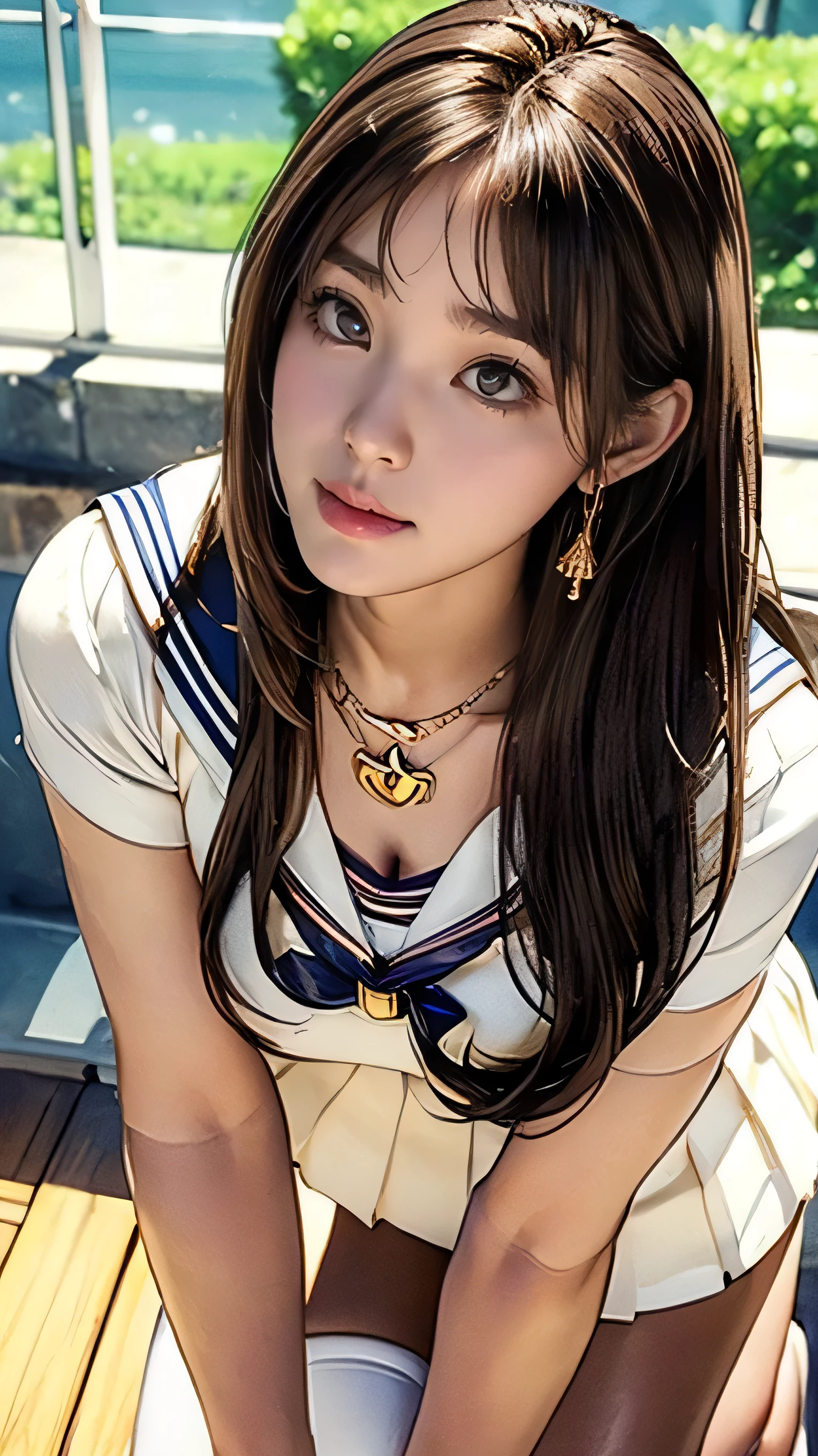 Arafed asian woman in sailor outfit sitting on a wooden bench - SeaArt AI