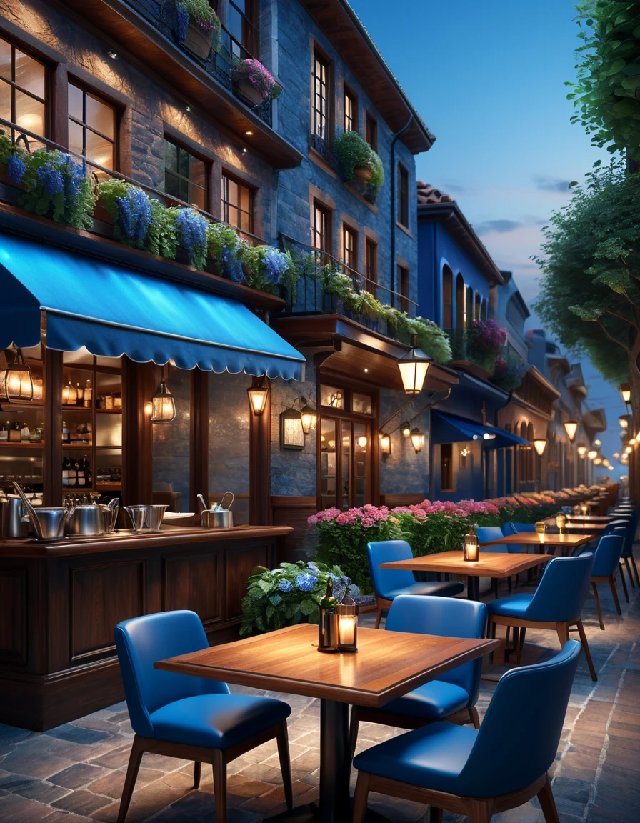  the restaurant has lots of chairs and tables with blue covers, cozy cafe background, pleasant  cozy atmosphere,  cozy atmosphere,  cozy atmosphere, ,  cozy atmosphere,  bar illustration / laze , Galen Dara,  laze  background,  beautiful atmosphere , , a fashionable , gourmet restaurant ,  cheerful atmosphere , comfortable atmosphere ,  realistic image, masterpiece,  artwork ,  hyperrealistic, rendering ,  realistic physical rendering ,  photorealistic rendering ,  highly detailed ,  high-quality render ,  architectural rendering ,  very realistic 3D render ,  realistic image