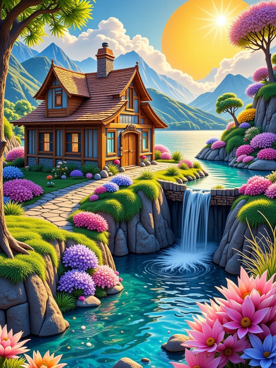 Create a realistic image with full resolution 8k cinematic quality of a serene landscape. In the foreground, a cozy rustic house with wooden walls and a tiled roof is surrounded by lush greenery and vibrant blooming vegetation. The house is situated near a stone bridge that crosses a tranquil lake, whose waters reflect the blue sky and the beautiful yellow sun shining brightly in the background. Beside the lake, a crystal-clear waterfall gently cascades down the rocks, with colorful flowers growing along its edges, adding a touch of natural beauty. The sunlight casts a golden glow over the scene, highlighting the rich floral details and creating a peaceful and idyllic atmosphere.