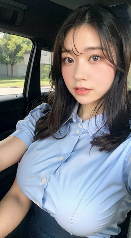 1 girl in、​masterpiece、((top-quality))、realisitic、(Detailed light)、short shoulder-length hair、 student、japanese hight school uniform、shortsleeves、夏天、enticing eyes、in the bus、(a closeup)、sitting in the chair、(s asleep)、closing eye、(Ocean view window)、ighly detailed