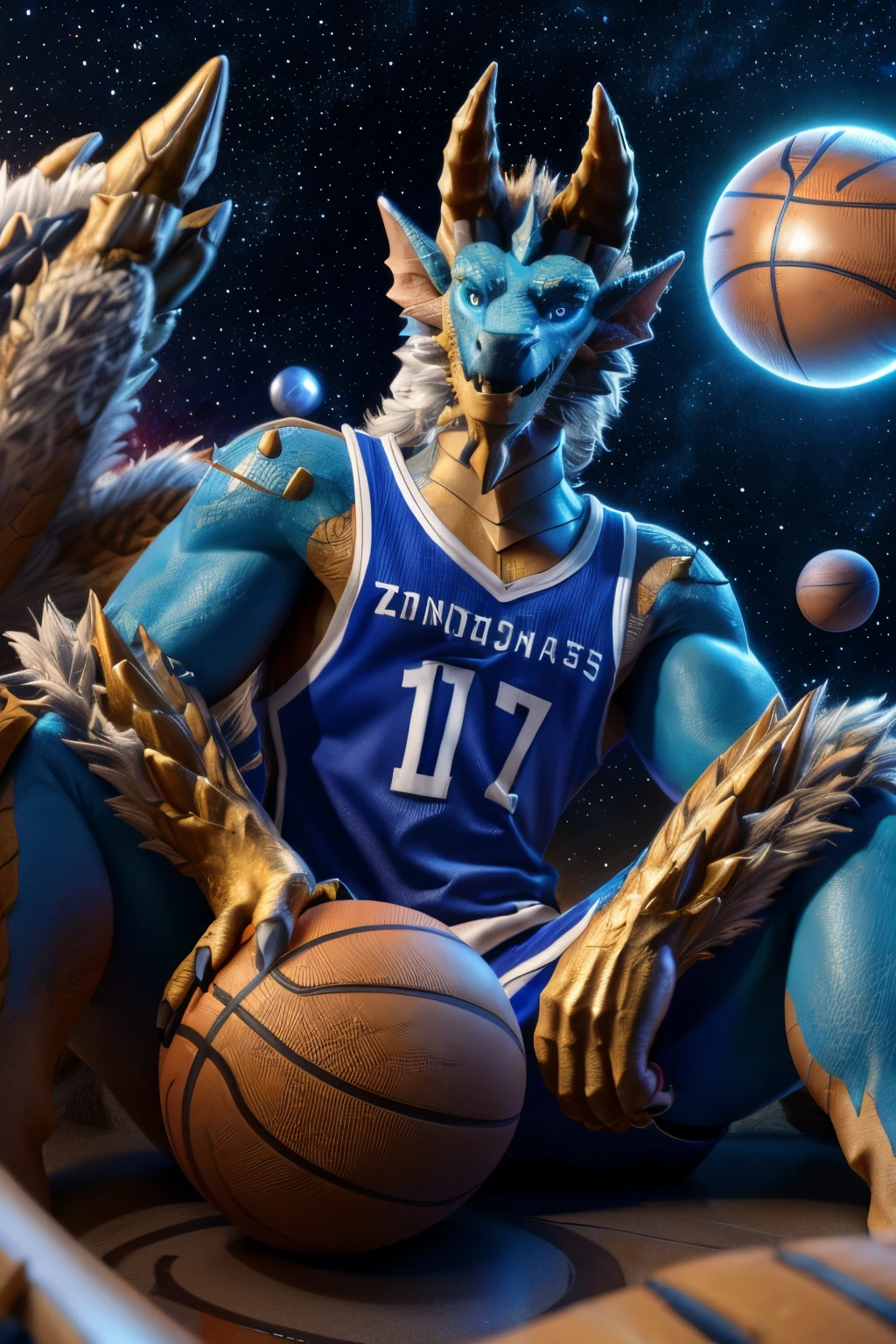 (full body), (soft shading), 4k, hi res, Zinogre, (dragon), Two-color, dragon's eyes, Perfect eyes, Handsome, wearing white basketball jersey, (Happy eyes),look at viewer,(dragon horn),(dragon tail),(16K),White belly, Basketball in hand, smiling, macro, sitting on a tiny planet, in space