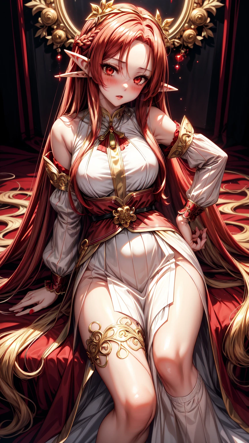 Create a Gorgon with red hair and big breasts her cause is red and long, your face is beautiful and angelic, his legs are replaced by a long red snake tail