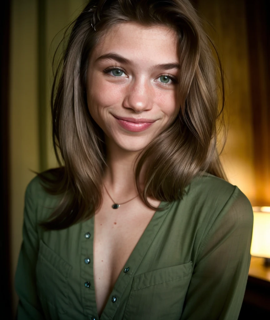 photograph, close up, young woman with long hair looking at the viewer, At night, with a wide smile, wearing a green shirt, comforting , Careful, beautiful, beautiful, in a dark room,  realistic skin texture ,  skin pores , natural light,  warm colors ,  best quality, high resolution, detailed  