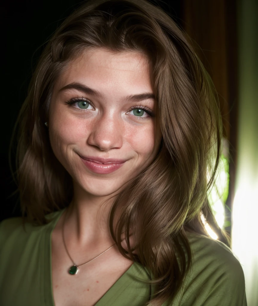 photograph, close up, young woman with long hair looking at the viewer, At night, with a wide smile, wearing a green shirt, comforting , Careful, beautiful, beautiful, in a dark room,  realistic skin texture ,  skin pores , natural light,  warm colors ,  best quality, high resolution, detailed  