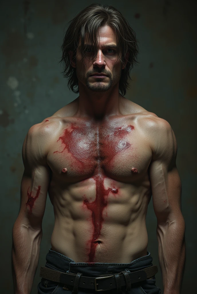 ((realisitic)), naughty man, stark, shirtless, sweaty and covered in blood, murderous