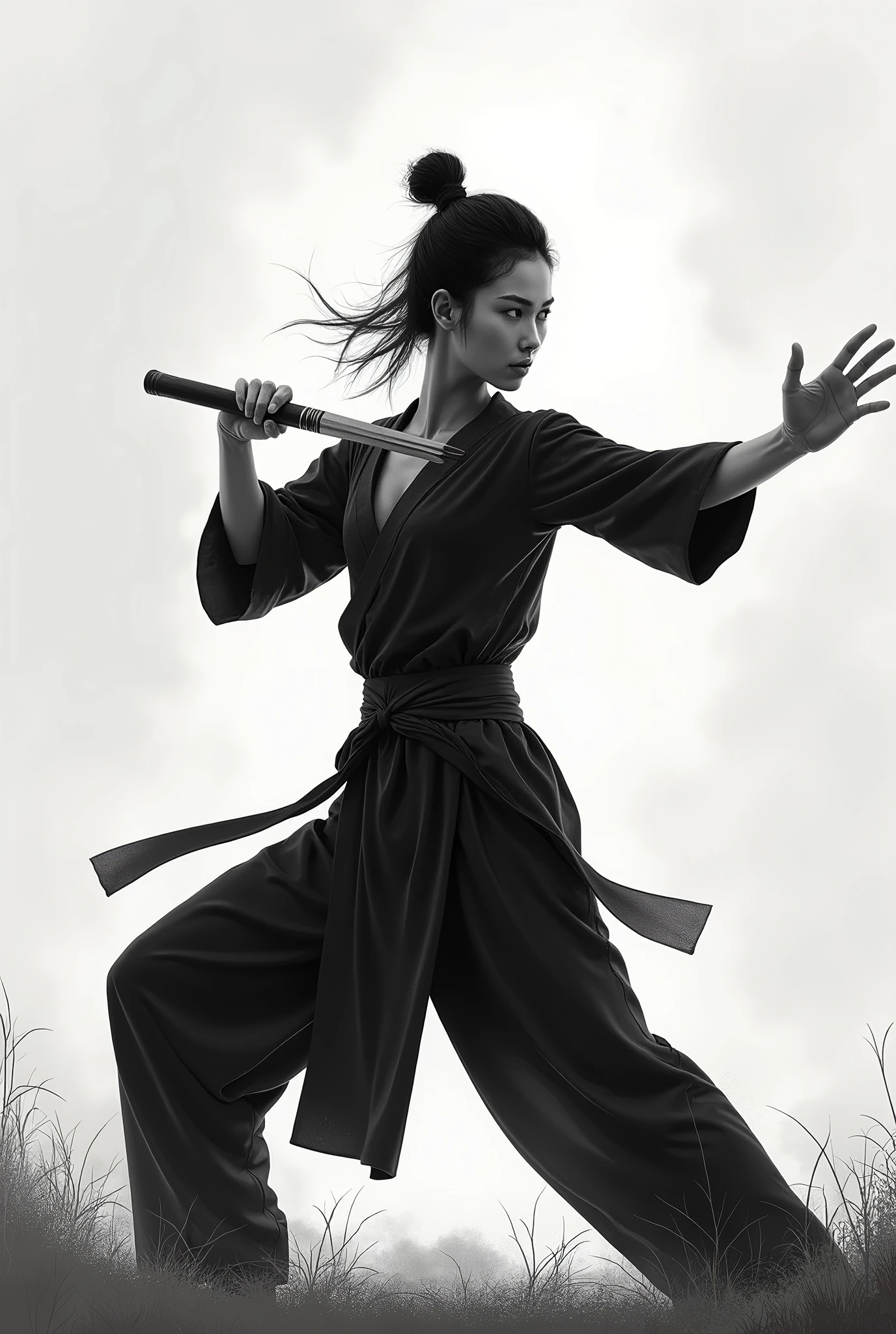 raw photo, portrait of a (emaciated:1.3) woman [ Gal Gadot: Jolin Tsai:.7] ((holding handle )of a great (shiny )sword :1.4), (dark:1.5), , (gloomy:0.0), , (looking_at_viewer:1.2), , ,, (fine wrinkles, pores, veins:.5),
, woman on tree, fantasy, leaves, (forest, woman stepping on (tall tree branch):1.33), (swing sword and pointing front:1.34), (Chinese martial arts, Kung Fu, Han dynasty:1.4), (black long straight hair, ponytail, barefoot, no_makeup, gritty:1.3), (from_side:0.5), (woman wearing (grey:1.2)Han style outfits, Complex clothing details:1.3), long slim legs ,(daytime:0.2),
, highly detailed, masterpiece, best quality, 8k, (realistic skin, cell-shaded:1.3), sharp_focus, (SFW), (high detailed skin:1.2), 8k uhd, dslr, (soft lighting:1.0), high quality, film grain, Fujifilm XT3,