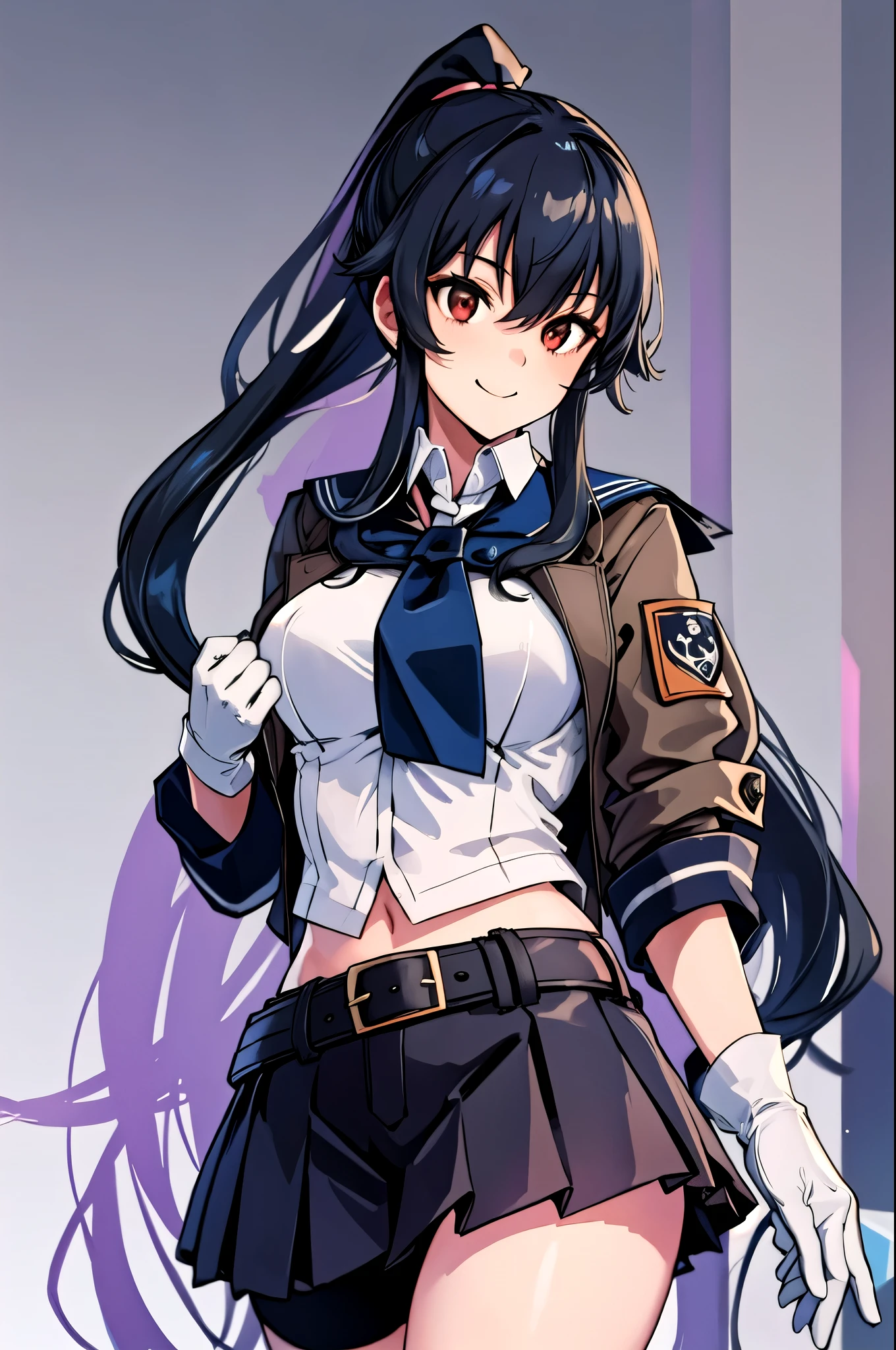  best quality,   Masterpiece ,  high definition , Alone, {_kantaicollection:1.15}, length_hair, black_hair,  ponytail, red_eye, sidelocks, chest, hair_between_eye, big_chest,  1 girl, belt, black_belt, black_Sailor_ color, length_sleeve, Sailor_ color,  shirt, belt_buckle, black_ skirt, Gloves, Pleats_ skirt,  skirt, white_Gloves, white_ shirt, buckle, button, closure_mouth, collared_ shirt,  jacket, Simple_background, smile, very_length_hair, black_ jacket, brown_eye,  neckerchief ,  orange_ neckerchief , Thigh length, black_Thigh length, cowboy_shot, gray_background