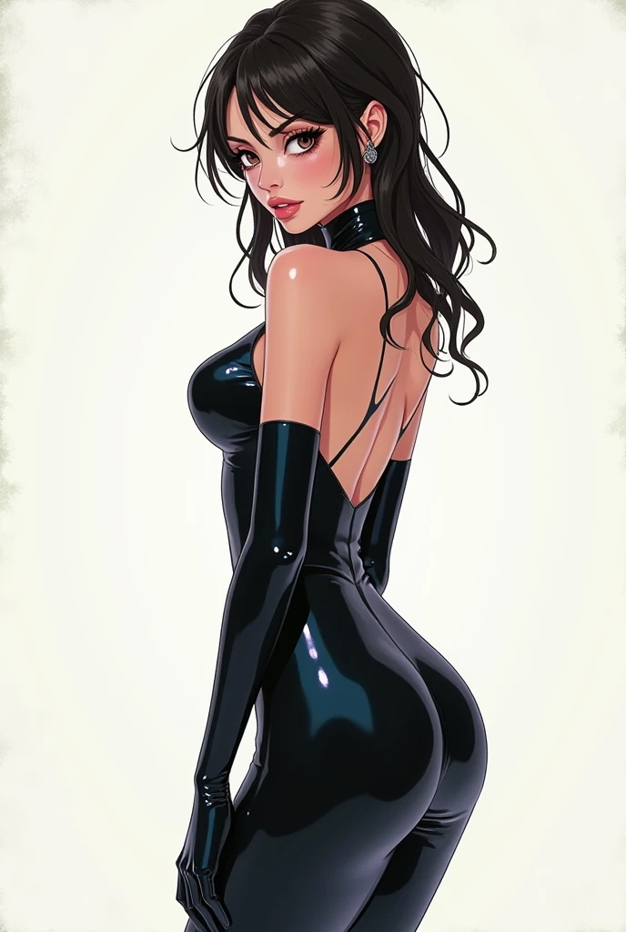 4k, best quality, Woman with black hair, long low-cut dress, large breasts, white woman, long hair, full lips, Sexy Woman, with a dark look, Elvira, Boris Vallejo style drawing