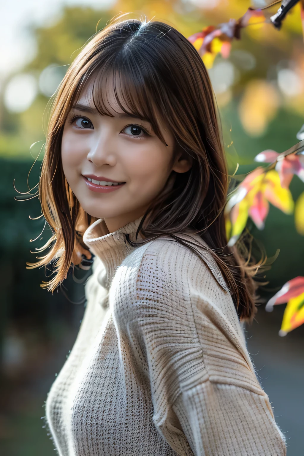 1girl,(wearing autumn clothes:1.2),(RAW photo, best quality), (realistic, photo-realistic:1.4), masterpiece, an extremely delicate and beautiful, extremely detailed, 2k wallpaper, Amazing, finely detail, extremely detailed CG unity 8k wallpaper, ultra-detailed, highres, soft light, beautiful detailed girl, extremely detailed eyes and face, beautiful detailed nose, beautiful detailed eyes,cinematic lighting,autumn scenery,(morning light),perfect anatomy,slender body,smiling <lora:tomitamizuki_lora:0.7>