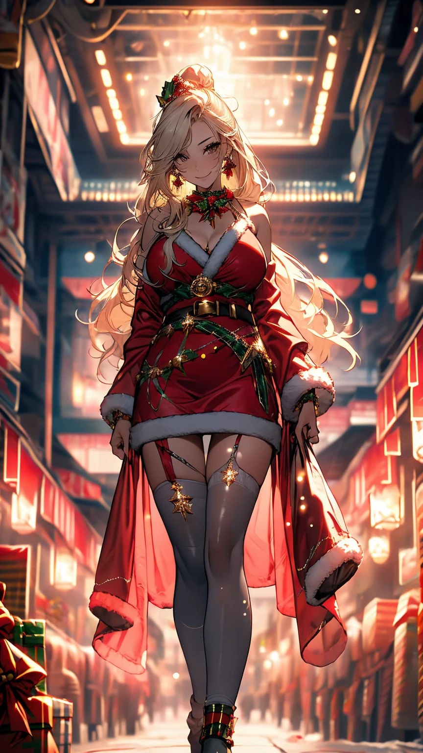 (Conceptual image board:1.3), ((matured girl wearing Sexy Santa clause costume with far:1.3, red dress with green, holding a present box in both hands to give viewers:1.2, close to viewers:1.2)), a matured woman with long black hair and a red outfit, red winter coat with bore, scarfs, green ribbon tie, knee length long boots, red and green winter outfits, holding present box with wrapping by ribbon:1.5, Christmas tree decorated with many ornaments:1.2, white bags on a sled, wearing red pencil skirt, Arabic, bodyesbian, fine details, beautiful anime illustration, 28 years old, (milf:1.3), (solo:1.5), (sfw:1.25), (sagging breast, fuge breasts, big tits, thin waist, big ass:1.2), Raised sexy, (dark mahogany medium short hair, updo, hair over one eye, asymmetric hair, Carly hair, low tied braids), (musulman, white Headscarfs, hair bands, head vandage, Turban), (ultra high resolution, 8K RAW photo, photo realistics, thin outline:1.3, clear focus), best qualtiy, cinematic lighting, textile shading, blurry back ground, field of depth, bokeh, (Bright pupils, fine detailed beautiful eyes with highlight:1.3, super detailed eyes, high detailed face), Red lip, fine realistic skins:1.1, looking at viewers:1.3, (dynamic angle:1.3, full body:1.3, front view:1.1, tigh focus:1.3, from below:1.2), (dynamic posing:1.5, sexy posing:1.2, sitting with holding knees:1.3, leaning forward:1.2), (seductive, shy happy smile:1.4), centered image, (wearing red long coat with bore and clothes, ((bare breast:1.37)), gold ornaments, rolling red clothes around waist, dark red long leather boots:1.3, translucent white lace pantyhose), (((correct ???????:1.5, perfect hands:1.5, ideal ratio body proportions:1.37))), (in a night:1.3), (in snow field:1.3, under starly sky),