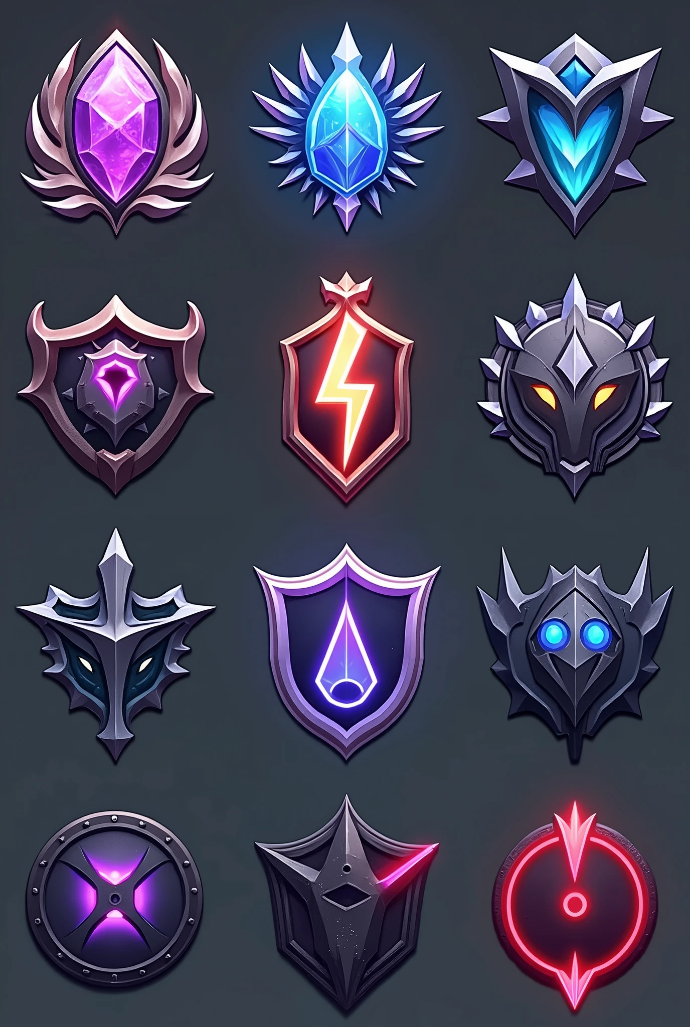 The image shows a set of logos representing different elements of the game. In the center, the Sovereign logo shines with a Geode with violet quartz inside, surrounded by dynamic rays symbolizing leadership and supreme power. On the left, the Guardian displays a strong shield with a crossed sword, highlighting its protection and responsibility, in shades of black and silver. On the right, the Troublemaker logo radiates energy with sharp shapes and a flaming lightning bolt, in vibrant colors of blue and white. The Talisman, at the top, emits a mystical glow, with esoteric symbols and an aura of supernatural power in purple and pink. Below, the Penumbra mixes shadows and masks, creating a sense of concealment, with dark colors and touches of silver. On the left, the Frontier displays parallel lines or an illuminated portal, symbolizing transition, with contrasts of black and silver. Finally, on the right, the Eliminated is represented by a broken circle with a red band, signaling the end of a journey, in strong shades of red and black. Each logo is distinct, but together they form an image of power, protection, challenge and destiny in the context of the game.
