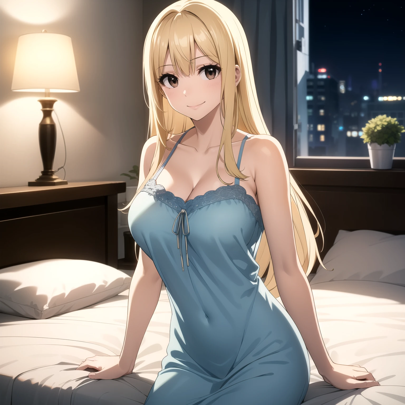  blonde gold long hair women's nightgown,  bright brown eyes ,  big breasts . happy smile, sexy light blue nightgown  . Background a bedside bed. 1 girl only.