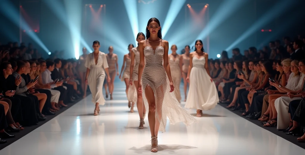 Asian models wearing beautiful dresses are walking the runway, with the background being the fashion show. The neckline of the dress the model is wearing is round, and the hemline is short. The model is facing forward.