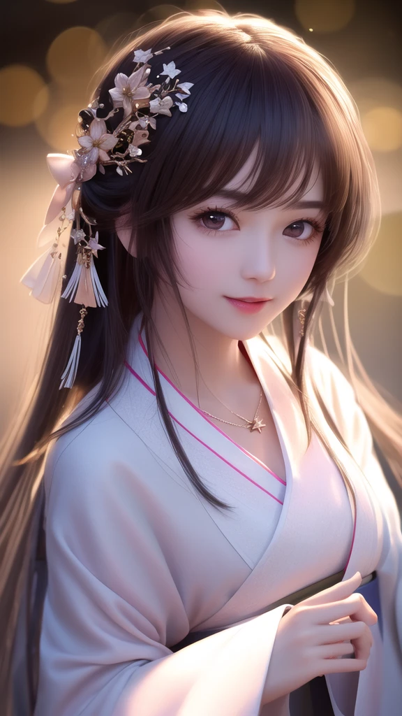 photograph realistic:1.3,detail texture,(best qualtiy),(tmasterpiece),super detailing,A high resolution, high qulity, Artificial human, 1 Hanfu loli, With a petite figure, The bust is small, Slim body type, White clothes in tulle(Hanfu),Fine patterns on clothes,jewelry, Perfect facial features,Close-up of facial features,The eyes are focused,Look to the audience and interact with the audience, cheerfulness, Delicate smile, Glossy glossy skin, Perfect body proportions, whaite hair, extra very long hair, Fluttering, floating, Remove excess legs,Remove excess hands,Remove excess feet, Scenes(Faraway view: 1.3), It seems to be dancing at any moment, Physical coordination,3D, Quasi-dynamic, Light and shadow effects, dynamic angle, perfectly proportions,
