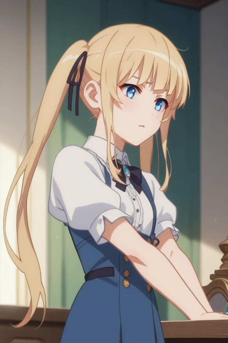 1girl,Eriri blonde hair,blue eyes,sawamura spencer eriri,long hair, small breast, twintails,black ribbon,     High Resolution, Masterpiece, High Quality,  , anime screencap
