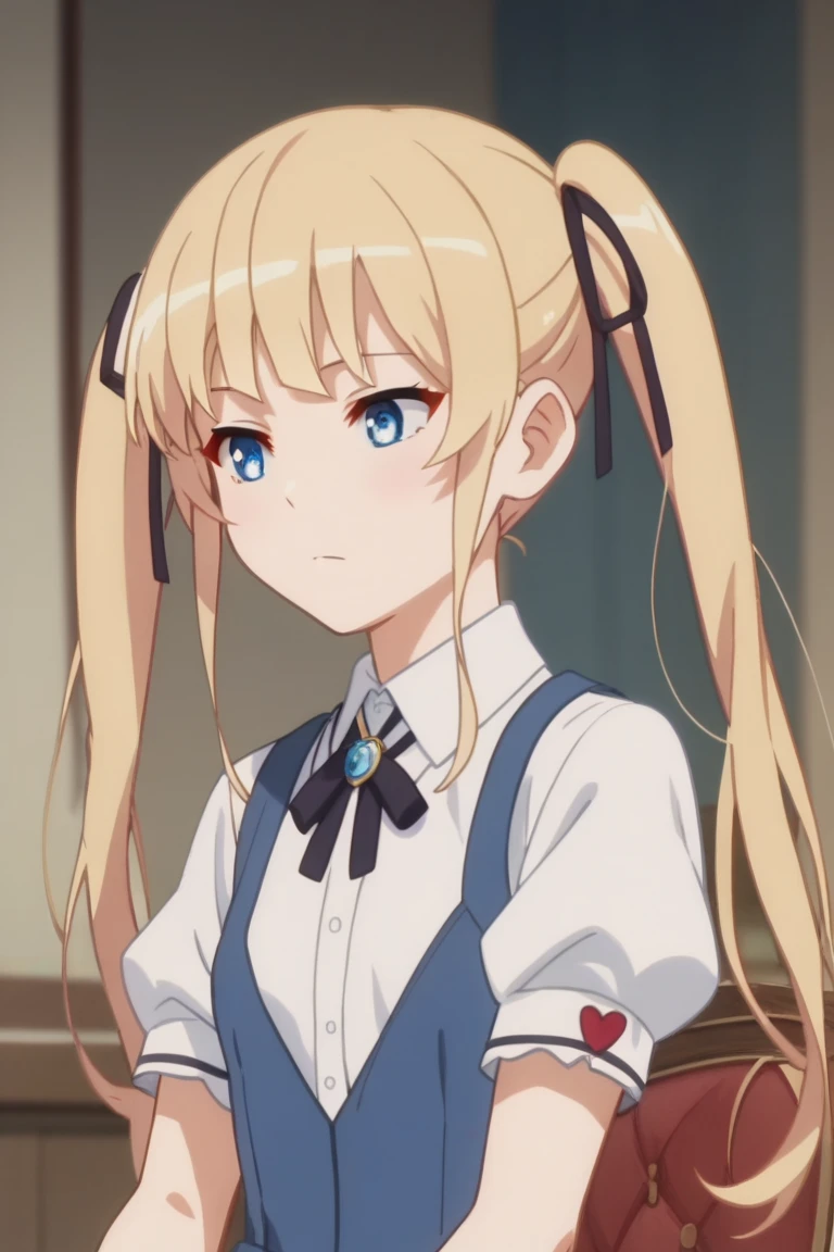 1girl,Eriri blonde hair,blue eyes,sawamura spencer eriri,long hair, small breast, twintails,black ribbon,     High Resolution, Masterpiece, High Quality,  , anime screencap
