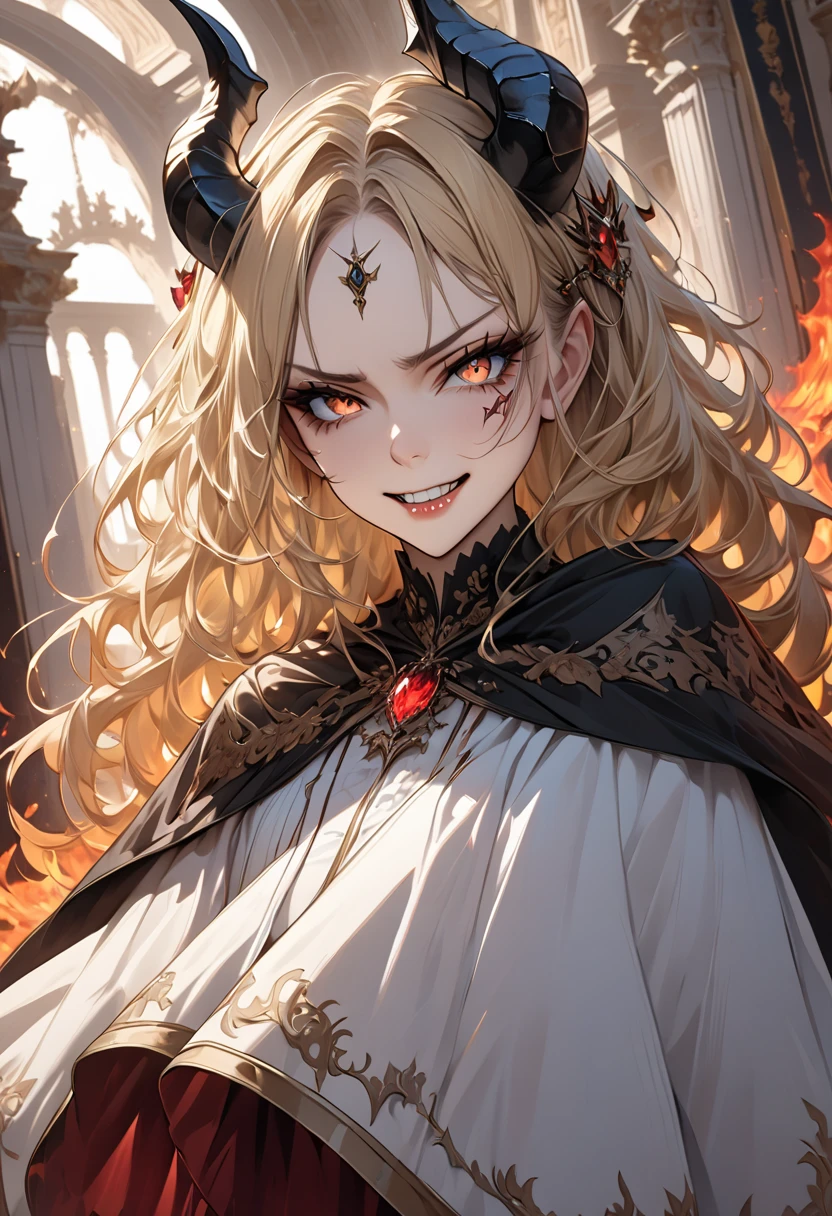 (((Best quality, 8k, Masterpiece: 1.3)), ((best quality)), ((masterpiece)), (detailed), perfect face, perfect body, (detailed skin:1.3), (intricate details), blonde hair, expressive hair, messy hair, demon horns, dragon horns, raised eyebrows, evil smile, demon queen, royal, inferno,  jewel ring, Hair accessories, Baroque palace, Cloak, glaring, condescending gaze, Standing with her legs apart