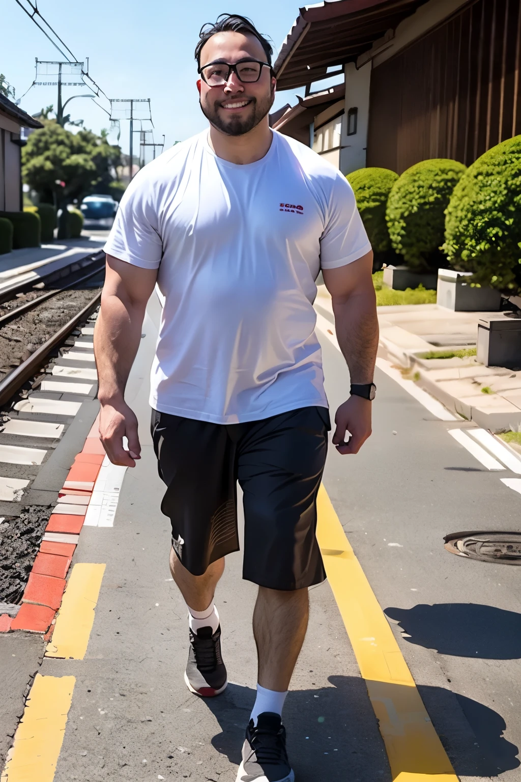 George Pei ,  1 boy , 独自of, mexisture male, masterpiece, Round Face, Short beard, Stumbling over ,  glasses,  stout , Love bear , Big breasts,  muscular , (( best quality )), ((masterpiece)), ((实际of)),Disney,animexistion,8k wallpaper,A handsome 30-year-old  muscular  male,broad shoulders,( stout ), 蓬松of乳头,肌肉男,宽大of胸肌, masterpiece,美丽of, Very detailed,Fine details,精美of,(  super high resolution ),(8k UHD  best quality ), (实际of, photo-实际of:1.37), depth_of,Vague_background, photo_illustration,Dramexistic lighting,reference_illustration,photo_background,photo实际of,Check_exist_Check者, fine skin ,有光泽of皮肤,Big Park , Smile,(((whole body))),((( White Shirt ))),火car, landscape, road symbol, exist户外, symbol, traffic light , road, architecture, Pedestrian crossings , 地面car辆, sTreet, 机动car, City, road灯, Tree, Power lines, car, real world locexistion, sky空, Telephone pole, Cityscape, cloud, sky,  sidewalks along the street, 实际of, photo background, photo (medium), Japan, Kyoto,(((railroad tracks on the road)))