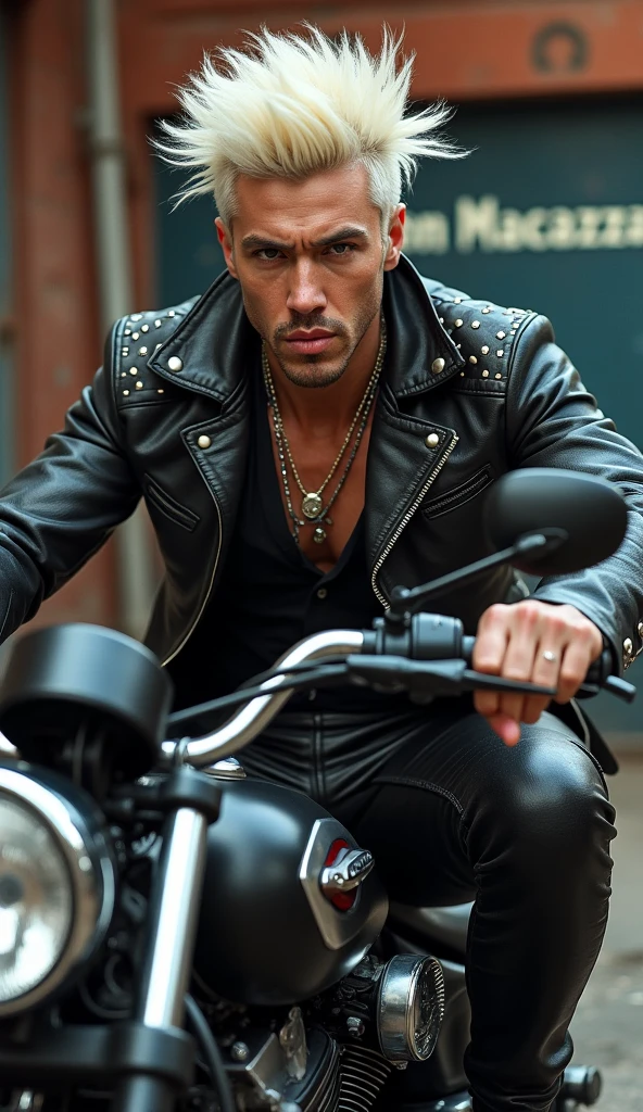 An athletic man is sitting on a motorcycle that is only half visible. the man is wearing a black leather jacket without wearing a shirt. wearing a long necklace and wearing black cross earrings.
the picture looks very clear and has super high quality