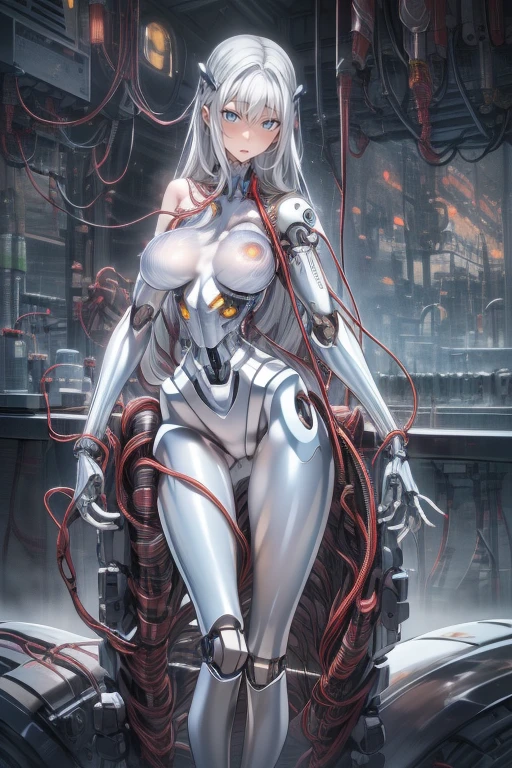 top-quality、Full limbs、complete fingers、1 beautiful woman,(ideal ratio body proportions:1.5), beautiful detailed face, perfect feminine face,Small and beautiful eyes,Droopy eyes, gray eyes,sweat、Slender beauty、straight haired、silver hair、(expressionless:1.5),(cyborg body:1.8 )、(coverd nipples:0.5)、very skinny、cleavage、 White pantyhose、(chemical company、Mechanical laboratory :1.4)、used condom、vulgarity、spoken heart、(tan:1.5)、(show off armpit:-0.0), (Machine joints:1.7),((Mechanically cut muscle blood vessels connected to tubes:1.5),(Mechanical cervical spine attached to the neck:1.5),(Wires and cables connected to the head and torso:1.8),(sitting on the restraint chair,sex machine1.4),