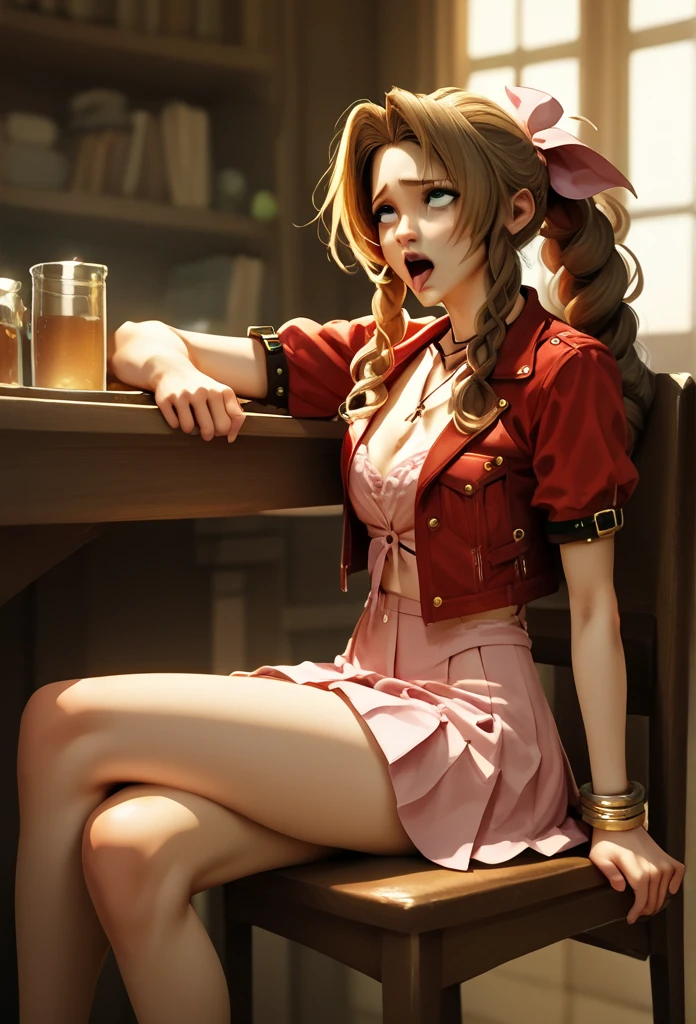 Aerith wearing a wrap skirt、Incontinence while sitting on a chair、Ahegao