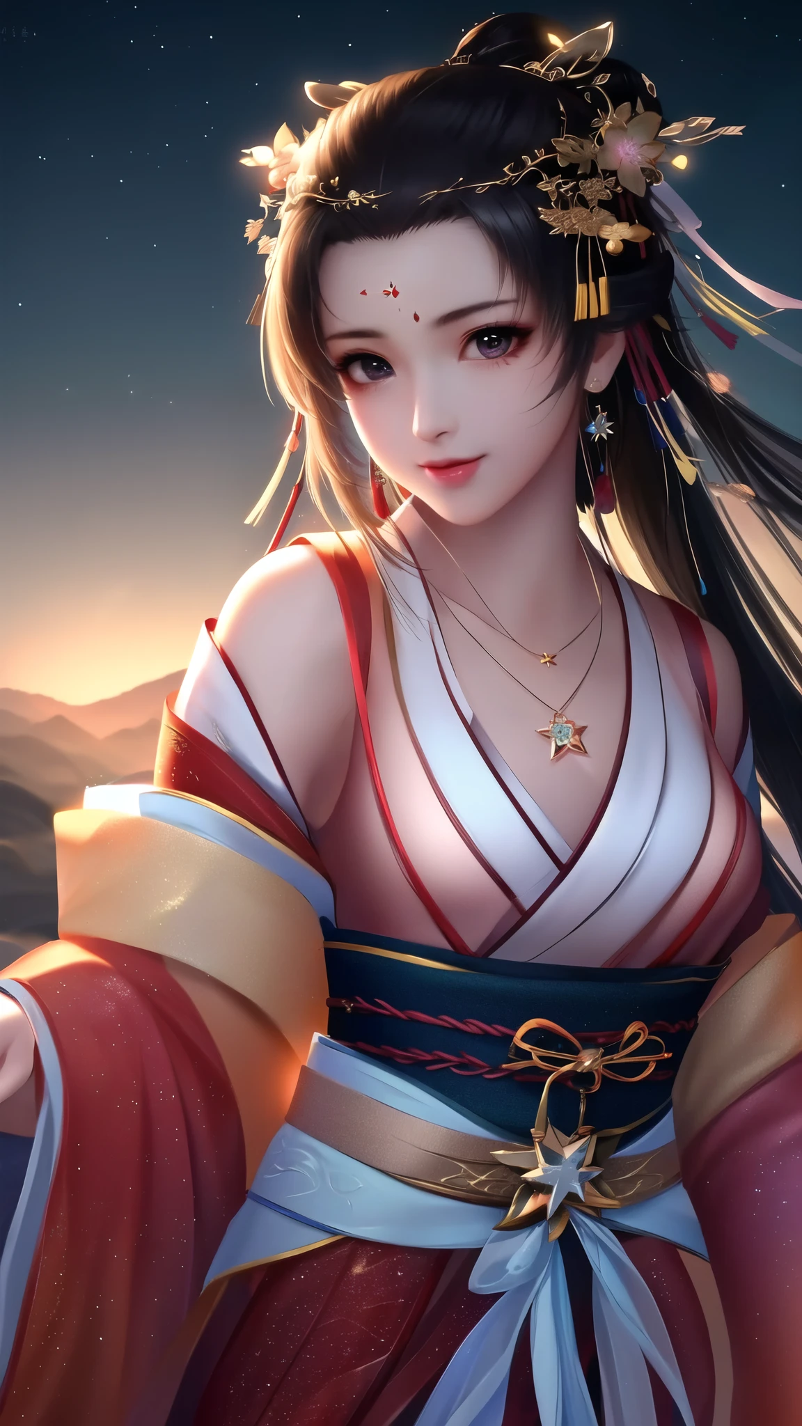High resolution, 1 female, hip up, beautiful eyes, Ring-shaped eyes, jewelry, tattoo, Hanfu, chinese fairy, taoist uniform、cleavage、smile、3D rendering