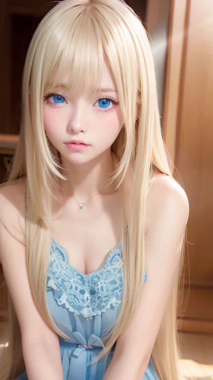 super long blond straight hair 、Bangs on a beautiful face between the eyes、Very cute beautiful sexy young teenage girl、So perfect beautiful cute face、Very large,  clear , beautiful,  bright ,  light blue eyes 、 very big cute eyes、Small Face Beauty、Cheek highlighter、white,  bright  and radiant skin、