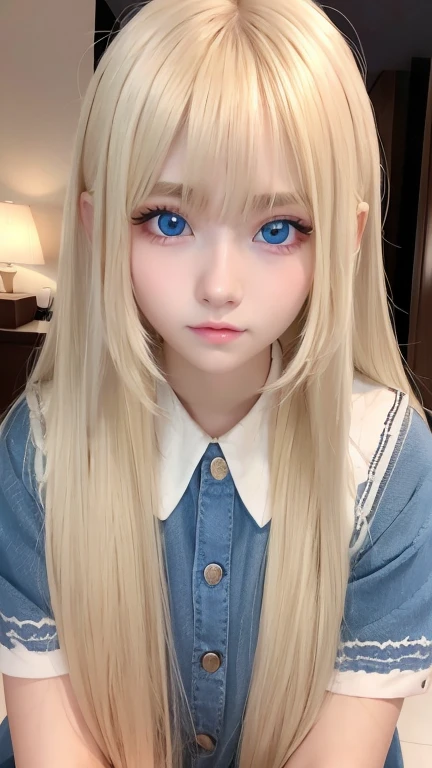 super long blond straight hair 、Bangs on a beautiful face between the eyes、Very cute beautiful sexy young age girl、So perfect beautiful cute face、Very large,  clear , beautiful,  bright ,  light blue eyes 、 very big cute eyes、Small Face Beauty、Cheek highlighter、white,  bright  and radiant skin、