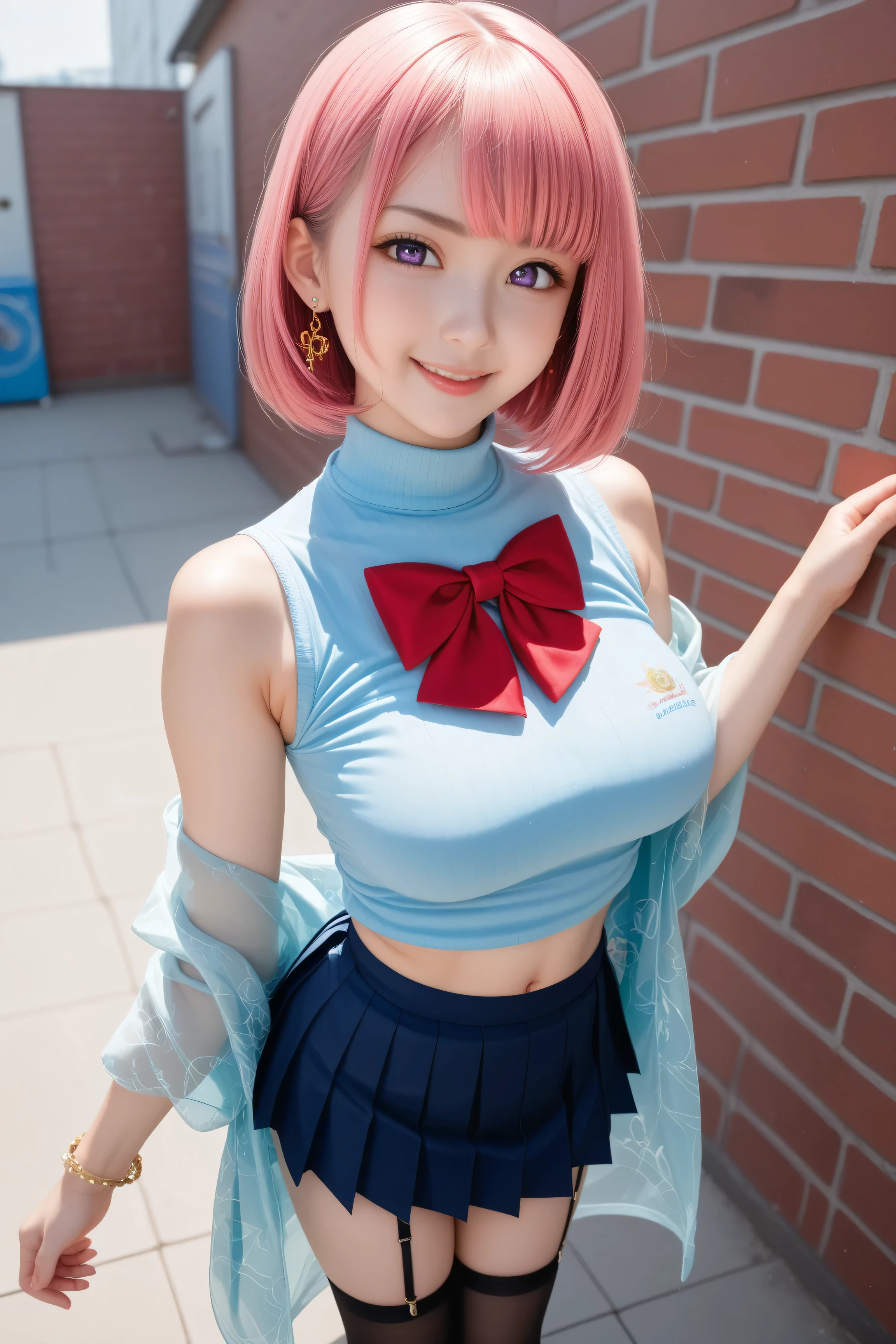 (Masterpiece, best quality, 1 girl, alone, complicated details, Chromatic aberration), realistic, ((Moderate breath)),long hair, pink hair, Red headpiece, Pink Highlights, hair on one eye,purple eyes, earring, sharp eyes, choker, Neon coat, She wears a collar, bangle, and kimono style garters., crop top, (symmetrical eyes),(Perfect symmetrical body),against the wall, Brick wall, (colorful graffiti words on the wall:1.2), The light is dim., alley ,Look at the viewer.、Dig the chest、smile、(sleeveless、Navel touch、Fitted turtleneck.)、street string hot pants、Thin bottom、Please build above the eaves..、Thin shoulders、High resolution、High resolution、in 8K、RAWphotographgraphy、Highest quality、masterpiece、Tabletop、erotic、student、Light green Bra,White skin,knees,(Skin-colored pantyhose),Detailed Panty Pattern、Panty Focus、Pink Panties、absurdes,Small face、Big Breasts、Part the front hair from the middle、The forehead is visible,(Cold look<Squinting my eyes,Glare,strong,Light anger)、masterpiece,Highest quality、超High resolution,RAWphotograph,only,Beautiful poop,one person, one personで,Dark look,Small breasts,whole body、very nice、JK ,high school girl,Japanese women,Are standing,(Realistic:1.37)、Photon Mapping,Light blue ribbon,Realistic、Cute Face,Brown eye、Black socks、22 years old、(Red bow tie)、Radio City、Physics-based only dulling、prospect、Written boundary depth、Blurred Background、photograph,girl、body,Beautiful legs, Long legs, Thin legs,Long Bob Cut,(I can see the front hair), hair, lips, green_eye, Nose Soft,(Light blue shirt), (Navy Pleated Skirt), I can see the knees,See-through clothing,, thigh, black cotton socks,Nogizaka Idol, , Japanese Ido、Sparkling eyes、Glossy lipasterpiece, highest quality:1.2), 8K, young beautiful girl, 85mm,Official AR RAW Photos, baby face、big breasts、show me your ears、photo shoot, cute face, thighs, After school classroom, looking at the viewer, embarrassing、smile、no makeup, film grain, chromatic aberration, sharp focus, face light, clear lighting, Ten