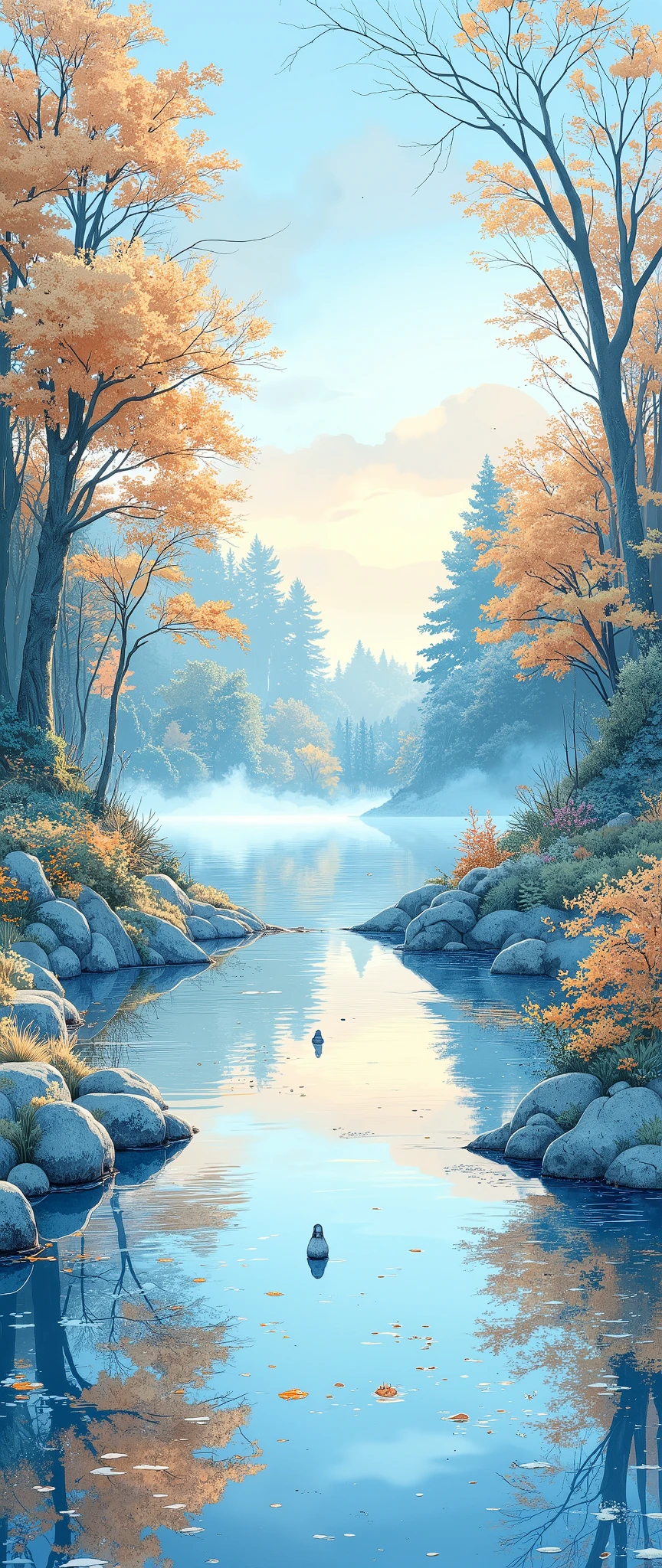 (masterpiece:1.2,Outstanding quality,Mirror finish, Best Illustration ),8k,16k,wallpaper,(Quiet Lake),(morning haze),(Quiet Lake畔の森の影),(A cuckoo is croaking ),(Watercolor),( Dynamic ),( beautiful gradation),(Tranquility VFX )