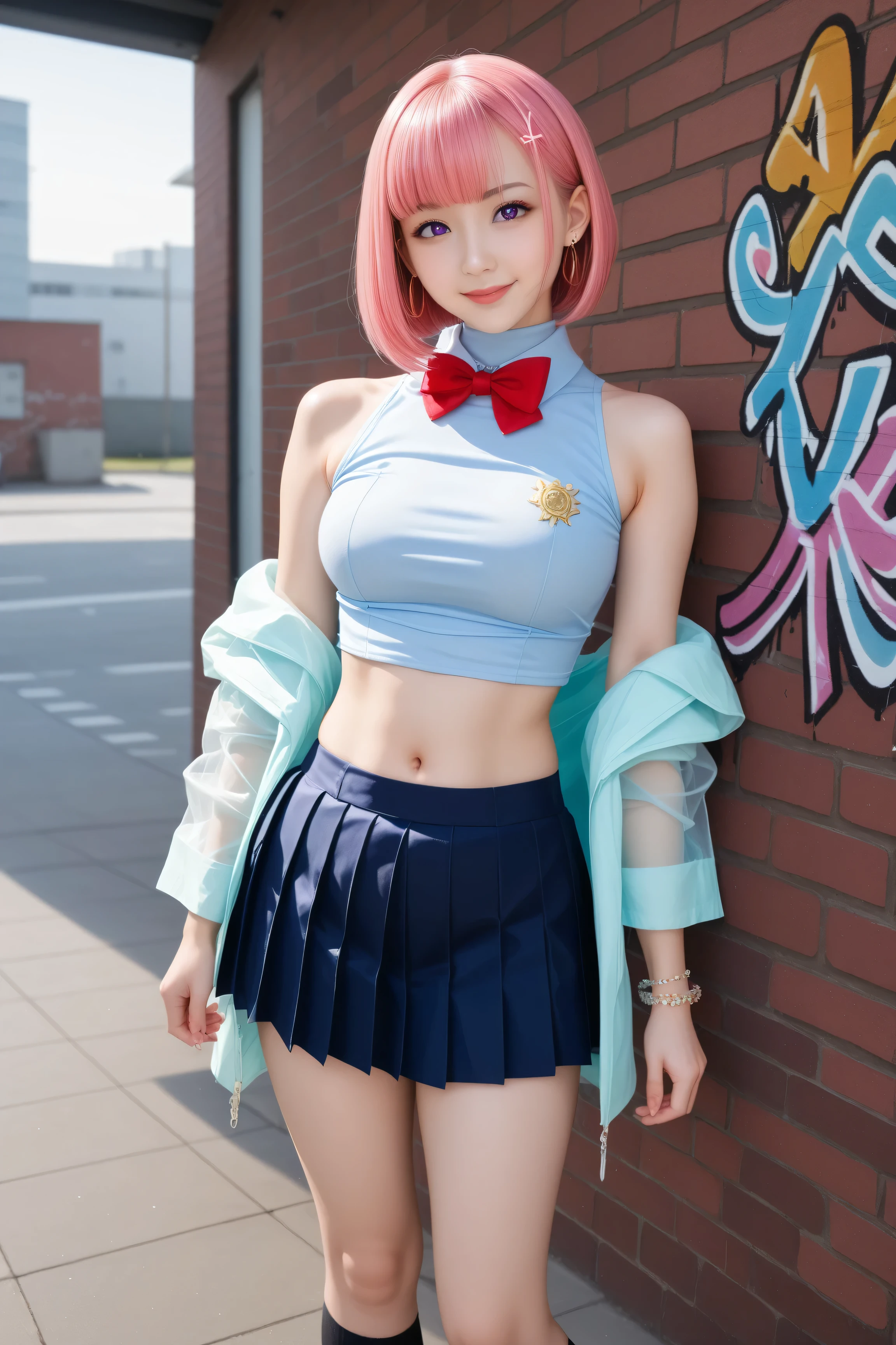 (Masterpiece, best quality, 1 girl, alone, complicated details, Chromatic aberration), realistic, ((Moderate breath)),long hair, pink hair, Red headpiece, Pink Highlights, hair on one eye,purple eyes, earring, sharp eyes, choker, Neon coat, She wears a collar, bangle, and kimono style garters., crop top, (symmetrical eyes),(Perfect symmetrical body),against the wall, Brick wall, (colorful graffiti words on the wall:1.2), The light is dim., alley ,Look at the viewer.、Dig the chest、smile、(sleeveless、Navel touch、Fitted turtleneck.)、street string hot pants、Thin bottom、Please build above the eaves..、Thin shoulders、High resolution、High resolution、in 8K、RAWphotographgraphy、Highest quality、masterpiece、Tabletop、erotic、student、Light green Bra,White skin,knees,(Skin-colored pantyhose),Detailed Panty Pattern、Panty Focus、Pink Panties、absurdes,Small face、Big Breasts、Part the front hair from the middle、The forehead is visible,(Cold look<Squinting my eyes,Glare,strong,Light anger)、masterpiece,Highest quality、超High resolution,RAWphotograph,only,Beautiful poop,one person, one personで,Dark look,Small breasts,whole body、very nice、JK ,high school girl,Japanese women,Are standing,(Realistic:1.37)、Photon Mapping,Light blue ribbon,Realistic、Cute Face,Brown eye、Black socks、22 years old、(Red bow tie)、Radio City、Physics-based only dulling、prospect、Written boundary depth、Blurred Background、photograph,girl、body,Beautiful legs, Long legs, Thin legs,Long Bob Cut,(I can see the front hair), hair, lips, green_eye, Nose Soft,(Light blue shirt), (Navy Pleated Skirt), I can see the knees,See-through clothing,, thigh, black cotton socks,Nogizaka Idol, , Japanese Ido、Sparkling eyes、Glossy lipasterpiece, highest quality:1.2), 8K, young beautiful girl, 85mm,Official AR RAW Photos, baby face、big breasts、show me your ears、photo shoot, cute face, thighs, After school classroom, looking at the viewer, embarrassing、smile、no makeup, film grain, chromatic aberration, sharp focus, face light, clear lighting, Ten