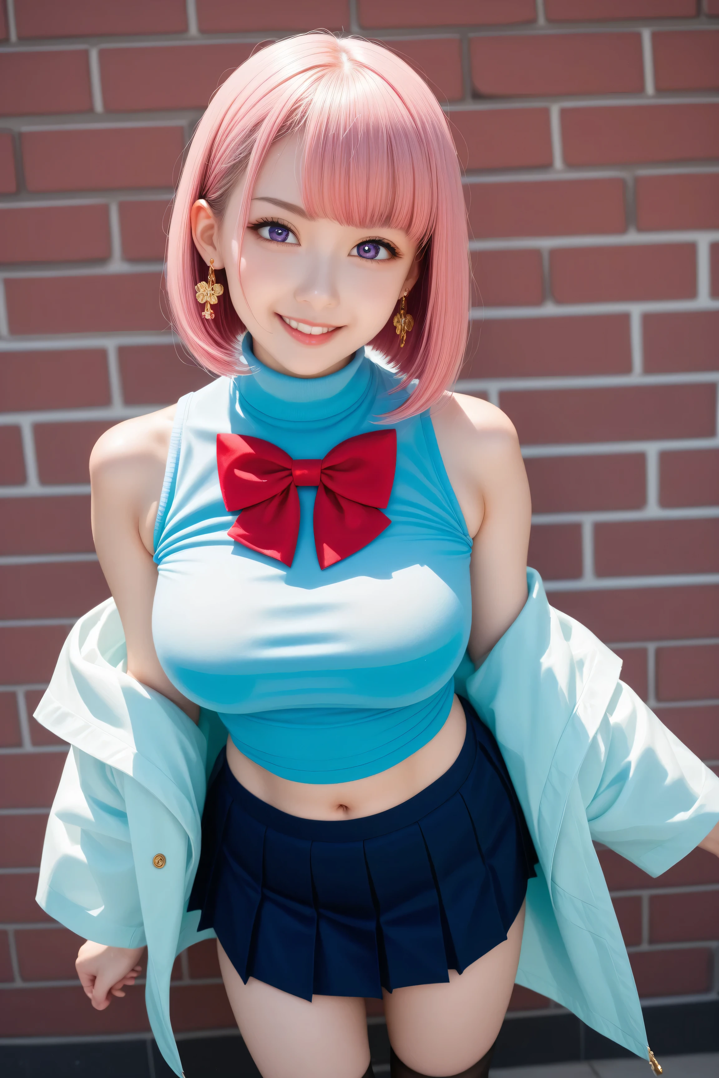(Masterpiece, best quality, 1 girl, alone, complicated details, Chromatic aberration), realistic, ((Moderate breath)),long hair, pink hair, Red headpiece, Pink Highlights, hair on one eye,purple eyes, earring, sharp eyes, choker, Neon coat, She wears a collar, bangle, and kimono style garters., crop top, (symmetrical eyes),(Perfect symmetrical body),against the wall, Brick wall, (colorful graffiti words on the wall:1.2), The light is dim., alley ,Look at the viewer.、Dig the chest、smile、(sleeveless、Navel touch、Fitted turtleneck.)、street string hot pants、Thin bottom、Please build above the eaves..、Thin shoulders、High resolution、High resolution、in 8K、RAWphotographgraphy、Highest quality、masterpiece、Tabletop、erotic、student、Light green Bra,White skin,knees,(Skin-colored pantyhose),Detailed Panty Pattern、Panty Focus、Pink Panties、absurdes,Small face、Big Breasts、Part the front hair from the middle、The forehead is visible,(Cold look<Squinting my eyes,Glare,strong,Light anger)、masterpiece,Highest quality、超High resolution,RAWphotograph,only,Beautiful poop,one person, one personで,Dark look,Small breasts,whole body、very nice、JK ,high school girl,Japanese women,Are standing,(Realistic:1.37)、Photon Mapping,Light blue ribbon,Realistic、Cute Face,Brown eye、Black socks、22 years old、(Red bow tie)、Radio City、Physics-based only dulling、prospect、Written boundary depth、Blurred Background、photograph,girl、body,Beautiful legs, Long legs, Thin legs,Long Bob Cut,(I can see the front hair), hair, lips, green_eye, Nose Soft,(Light blue shirt), (Navy Pleated Skirt), I can see the knees,See-through clothing,, thigh, black cotton socks,Nogizaka Idol, , Japanese Ido、Sparkling eyes、Glossy lipasterpiece, highest quality:1.2), 8K, young beautiful girl, 85mm,Official AR RAW Photos, baby face、big breasts、show me your ears、photo shoot, cute face, thighs, After school classroom, looking at the viewer, embarrassing、smile、no makeup, film grain, chromatic aberration, sharp focus, face light, clear lighting, Ten