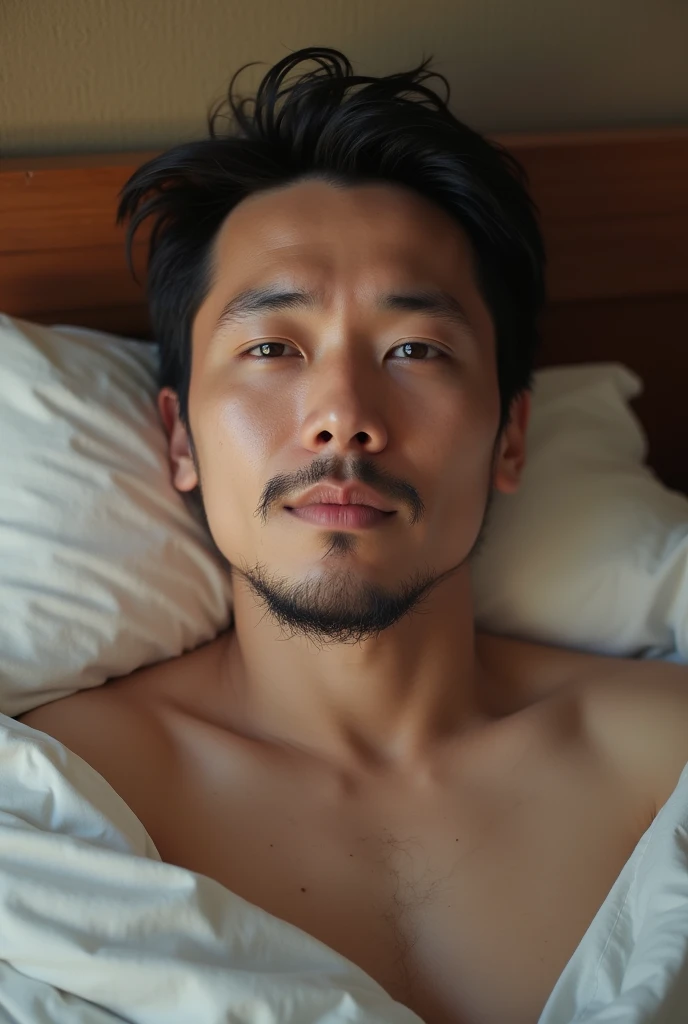 asian men, brown skin, messy hair, shirtless, abs and pecs, abs, no pants, in bedroom, pov on the bed, the man leaning onto the bed, horny face