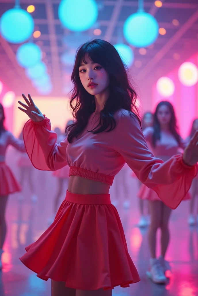 Korean woman with semi-long black wavy hair and dark eyes wearing a short light pink skirt and a white crop top dancing at a concert 