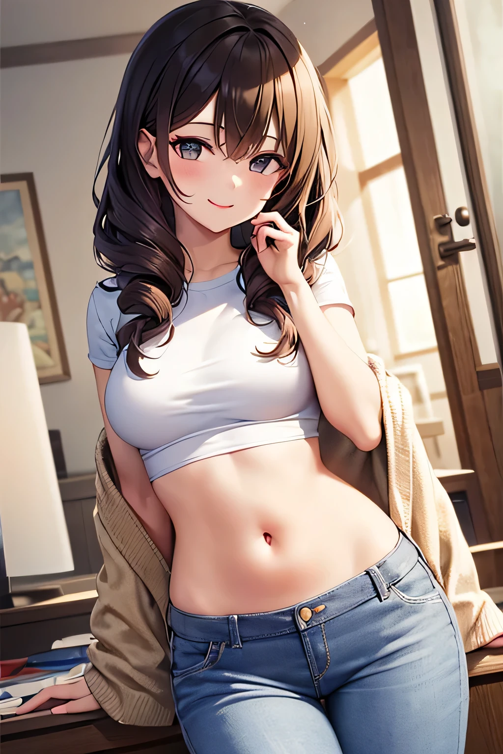 super fine illustration, vibrant colors, masterpiece, sharp focus, best quality, depth of field, ultra detailed, white t shirt, long cardigan jacket, crop top, 1 woman, solo, navel, living room, looking down, medium breasts, long curly hair, brown hair, tall, mature face, blush, white long pants, lipstick, makeup, mature face, light smile,,