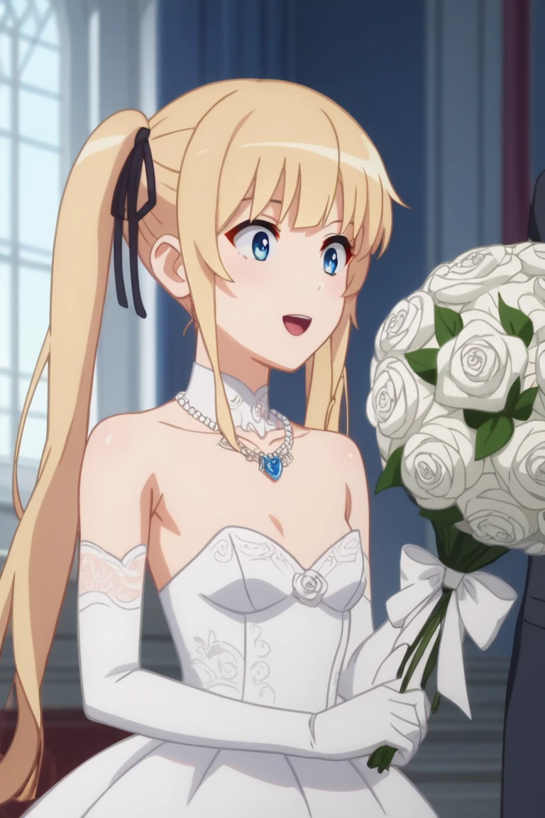 1girl,Eriri blonde hair,blue eyes,sawamura spencer eriri,long hair, small breast, twintails,black ribbon,     High Resolution, Masterpiece, High Quality,  anime screencap,  wedding dress, wedding bouquet, Wedding Hall background, Wedding, white outline,
