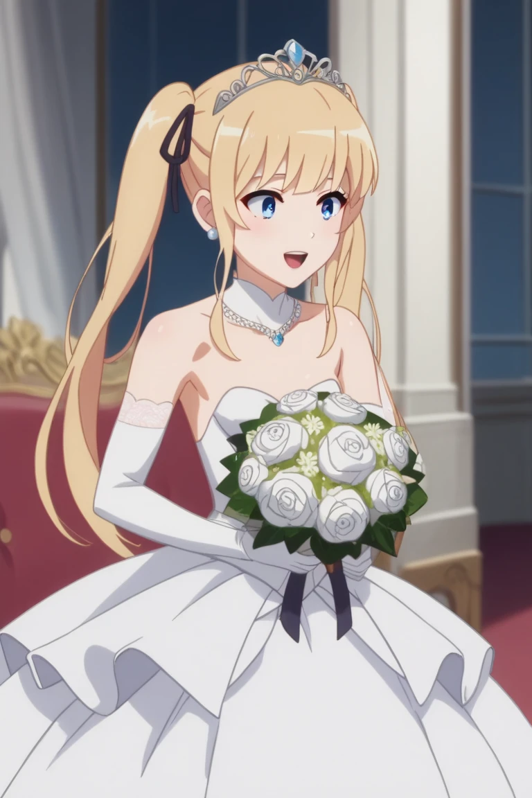 1girl,Eriri blonde hair,blue eyes,sawamura spencer eriri,long hair, small breast, twintails,black ribbon,     High Resolution, Masterpiece, High Quality,  anime screencap,  wedding dress, wedding bouquet, Wedding Hall background, Wedding, white outline,
