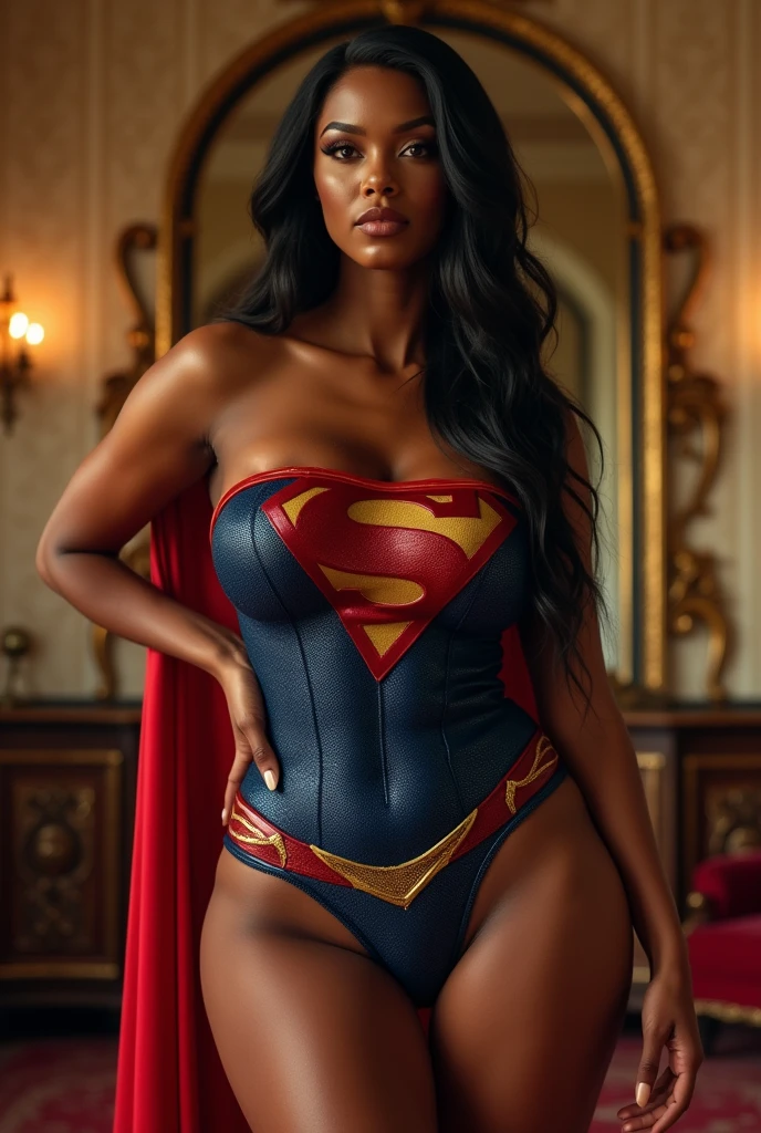 realistic portrait of beautiful mature african GIRL. EMily is a black African girl, with very dark skin, (ebony skin:1.7), aged 18 with dark hair, (18 years old), usually tied in a bun or ponytail. Her eyes are dark and expressive, conveying her sensual and sexy personality. She has an average height, about 1.70m, with large, very large breasts, Defined full lips, blood red lipstick on the lips. Emily is a superhero, (Wear supergirl's armor) with sexy cleavage. Flying over buildings, (with a sword in her hand). She usually wears little makeup, preferring a natural look. best quality, Realistic photo, full body photo, sexy sensual poses, photo taken from bottom to top. 18 years old, (chubby:1.2), (huge breasts:1.4), (wide hips:1.2)