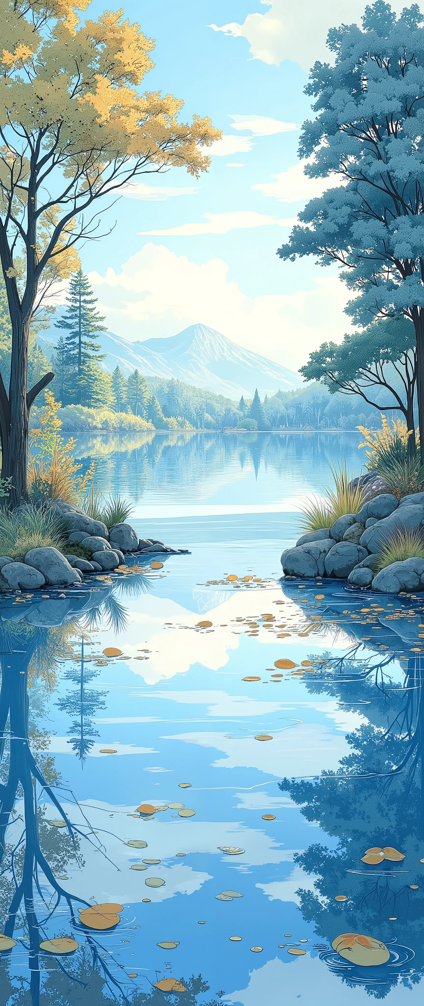 (masterpiece:1.2,Outstanding quality,Mirror finish, Best Illustration ),8k,16k,wallpaper,(Quiet Lake),(morning haze),(Quiet Lake畔の森の影),(A cuckoo is croaking ),(Watercolor),( Dynamic ),( beautiful gradation),(Tranquility VFX )