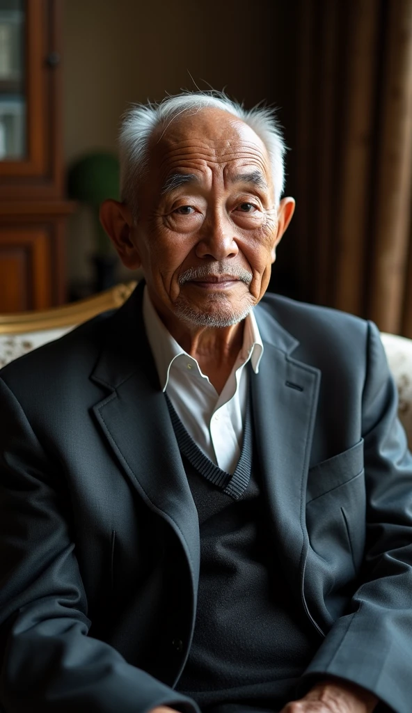 Chinese male elder, facing the camera, blurring the background