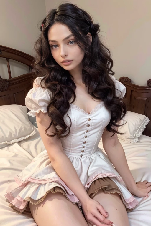 age 25, 8k (High definition), heavy make up, rosey pink cheeks, long eyelashes, long neck, goth makeup, wearing a frilly white lolita dress, sissy, high petticoat skirt, bow in her hair, bow in her hair, white stockings, high heels, dressed in a school girl uniform, Caucasian skin, long brown hair, hair stylized wavy fresh out of the salon, very long curly dark brown hair, small perky breasts, lying on the bed, legs spread, white panties showing