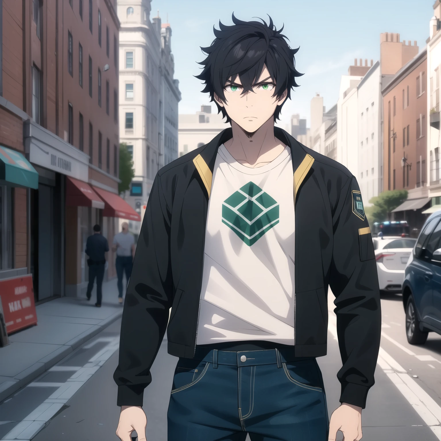  25-year-old male ,  attractive face .  Messy black hair  , emerald green eyes,  athletic physique , Serious. white t-shirt  , black police jacket,  denim pants. background a city. 