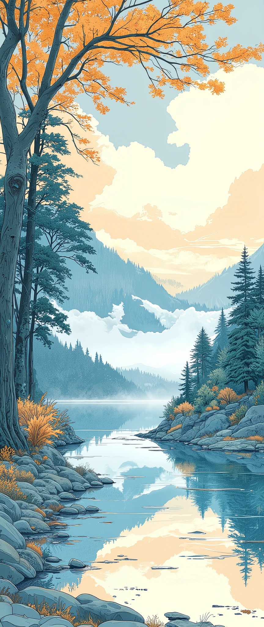 (masterpiece:1.2,Outstanding quality,Mirror finish, Best Illustration ),8k,16k,wallpaper,(Quiet Lake),(morning haze),(Quiet Lake畔の森の影),(A cuckoo is croaking ),(Watercolor),( Dynamic ),( beautiful gradation),(Tranquility VFX )