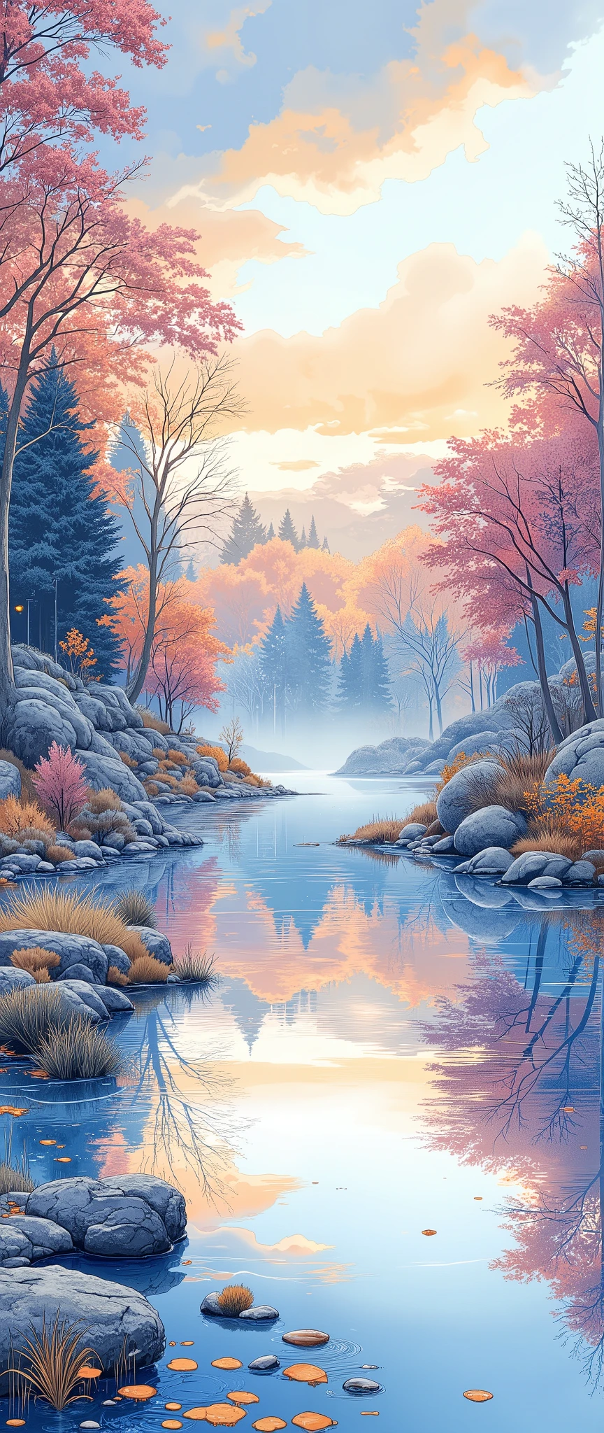 (masterpiece:1.2,Outstanding quality,Mirror finish, Best Illustration ),8k,16k,wallpaper,(Quiet Lake),(morning haze),(Quiet Lake畔の森の影),(A cuckoo is croaking ),(Watercolor),( Dynamic ),( beautiful gradation),(Tranquility VFX )