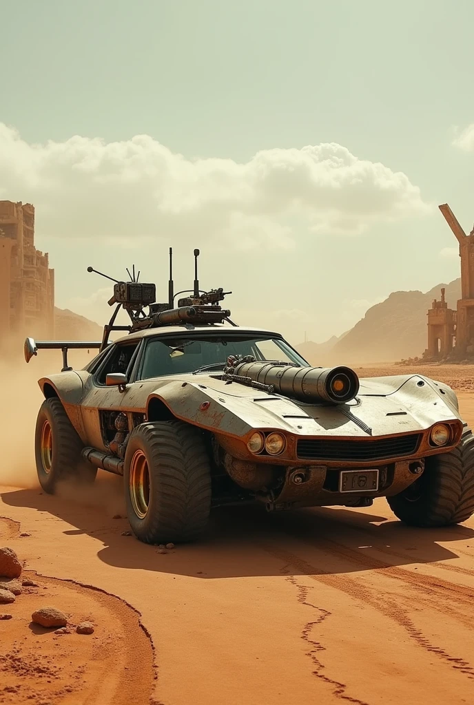 there is a car that is flying through the air with a huge explosion, marc brunet, cinemascope panorama, mad max inspired, anamorphic wide angle lens, trending on character design, speed racer, vector. 8 k, starfighter, valerian, metabaron, shai-hulud --ar 16:9 --auto --s2