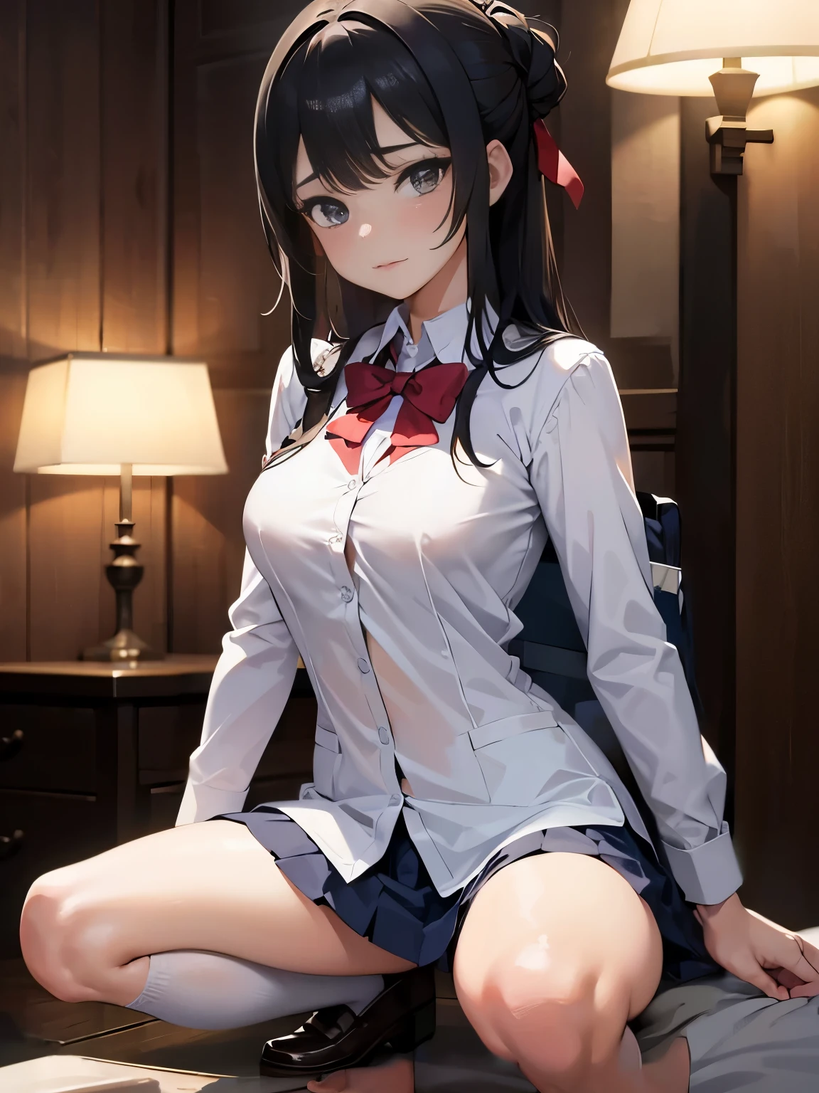 masterpiece, best quality, cinematic lighting, on bed, pov,  legs grab, 
1girl, black hair, long hair, pink eyes, gold earrings, medium breasts, light smile, white stockings, white gloves,  school uniform, topless,  french braid,