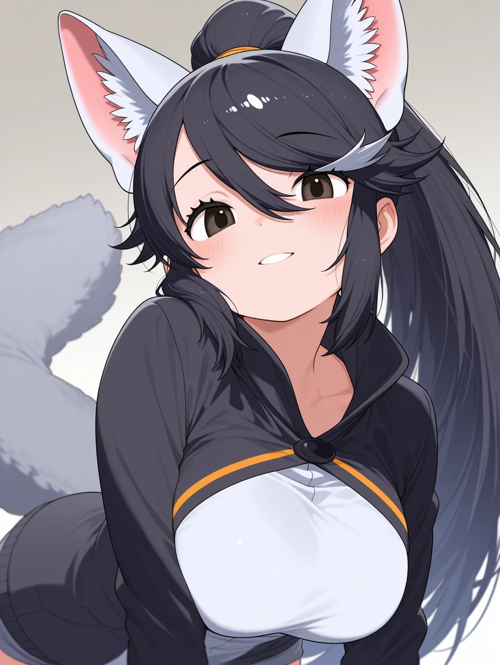 Kitsune, woman, shoulder length hair, black hair, black fox ears, cute face, brown eyes, big eyes, beautiful eyes, brown skin, adorable smile, petite body, small breasts, small waist, wide hips, large butt, thick thighs, small feet, black tail, fox tail, fluffy tail, large tail, royal blue skirt, royal blue bowtie, royal blue headband, white blouse, long sleeve blouse, button up blouse, thigh socks, white socks,