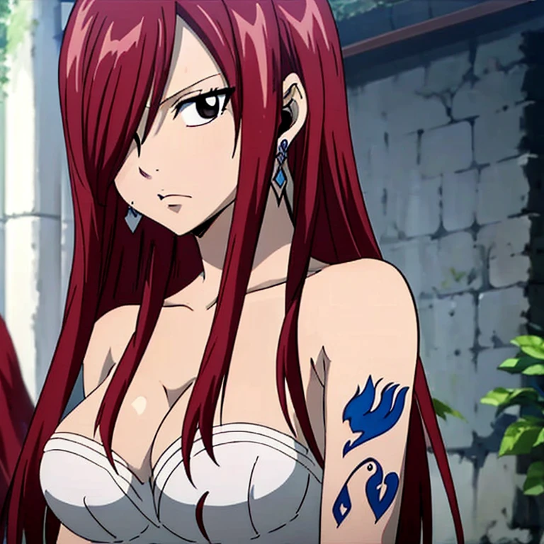 Scarlet erza, (tiny black bikini only), location: wresting colosseum with crowd watching, adult woman, big breasts, lying down, cowboy shot, best quality, ((right shoulder)), slightly strong arms, looking at viewer, important: shoulder tattoo only), big smile, broad shoulders, perfect body, no injuries, knocked down, clean body, from left side, win pose, ((opens her arms wide, stretching))