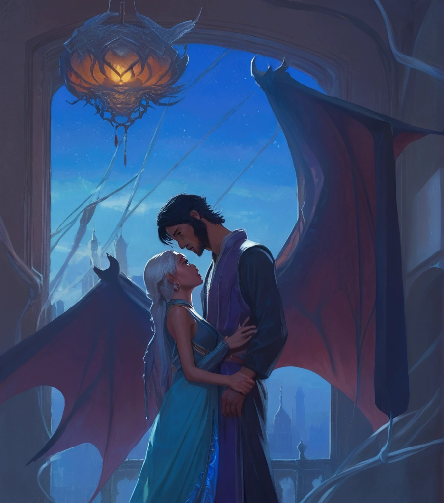  there is a man and a woman standing in a room in front of a large window,  man with dragon wings  ,  middle eastern clothing style . Conceptual art of love, In the style of Ross Tran, rob rey and kentarõ miura, inspired by Ross Tran, Disney concept art,  Ross Tran and Michael Whelan  , magical concept art ,  rob rey and Kentarō Miura style ,  awesome atmosphere concept art 